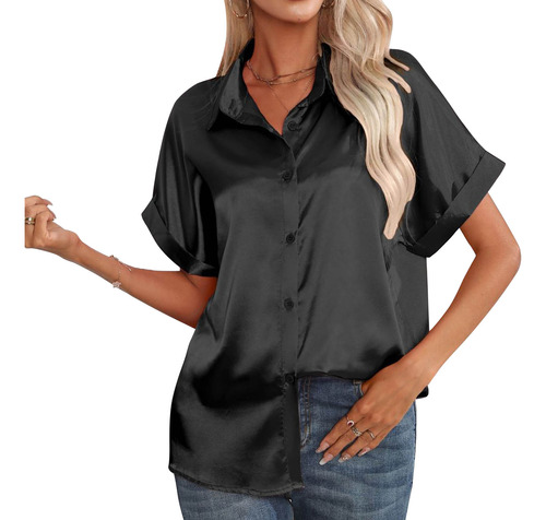 Blusa De Seda Satinada Para Mujer, Con Botones Y Manga Corta