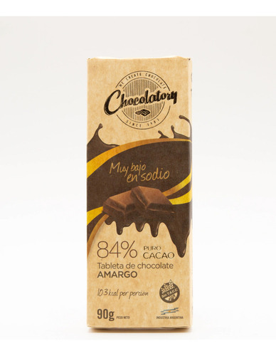Tableta Chocolate Amargo 84% Puro Cacao Chocolatory 90 Gr