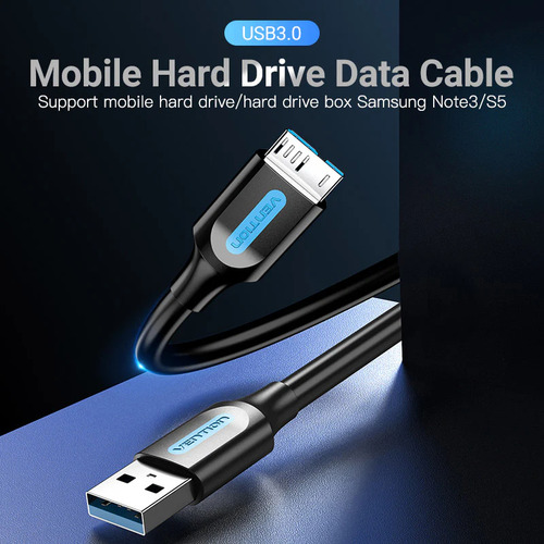 Cable USB 3.0 Micro B Vention - USB A USB Micro B - 1 Metro - 5 Gbps 2a - Premium blindado reforzado - Color Negro PVC - Para Disco Rigido / Carry Disk / PC Notebook / Camara / Tablet - COPBF