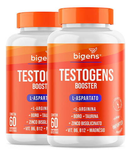 2x Testogens Booster | L-aspartato + L-arginina + Boro + Taurina + Zinco + Vit. B6 E B12 + Mag. | 120 Tabs | Bigens