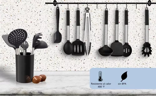  Juego de utensilios de cocina, 34 utensilios de cocina de  silicona con soporte, resistente al calor, antiadherente, sin BPA, mango de  acero inoxidable, cucharas de silicona, espátula, espátula, espátula,  batidor, pinzas