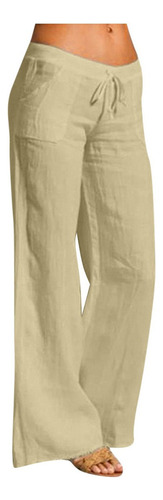 Pantalones Mujer Lino Algodón Liso Cintura Elástica Cordón