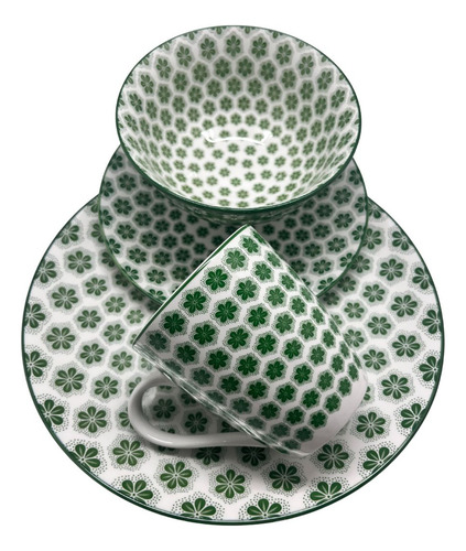 Vajilla 16 Piezas Cerámica Elegante Royal Haus Resistente Color Verde Flor