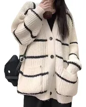 Comprar Sweaters Mujer Camisa Suelta Y Cómodo Sueter Rayas Cardigan