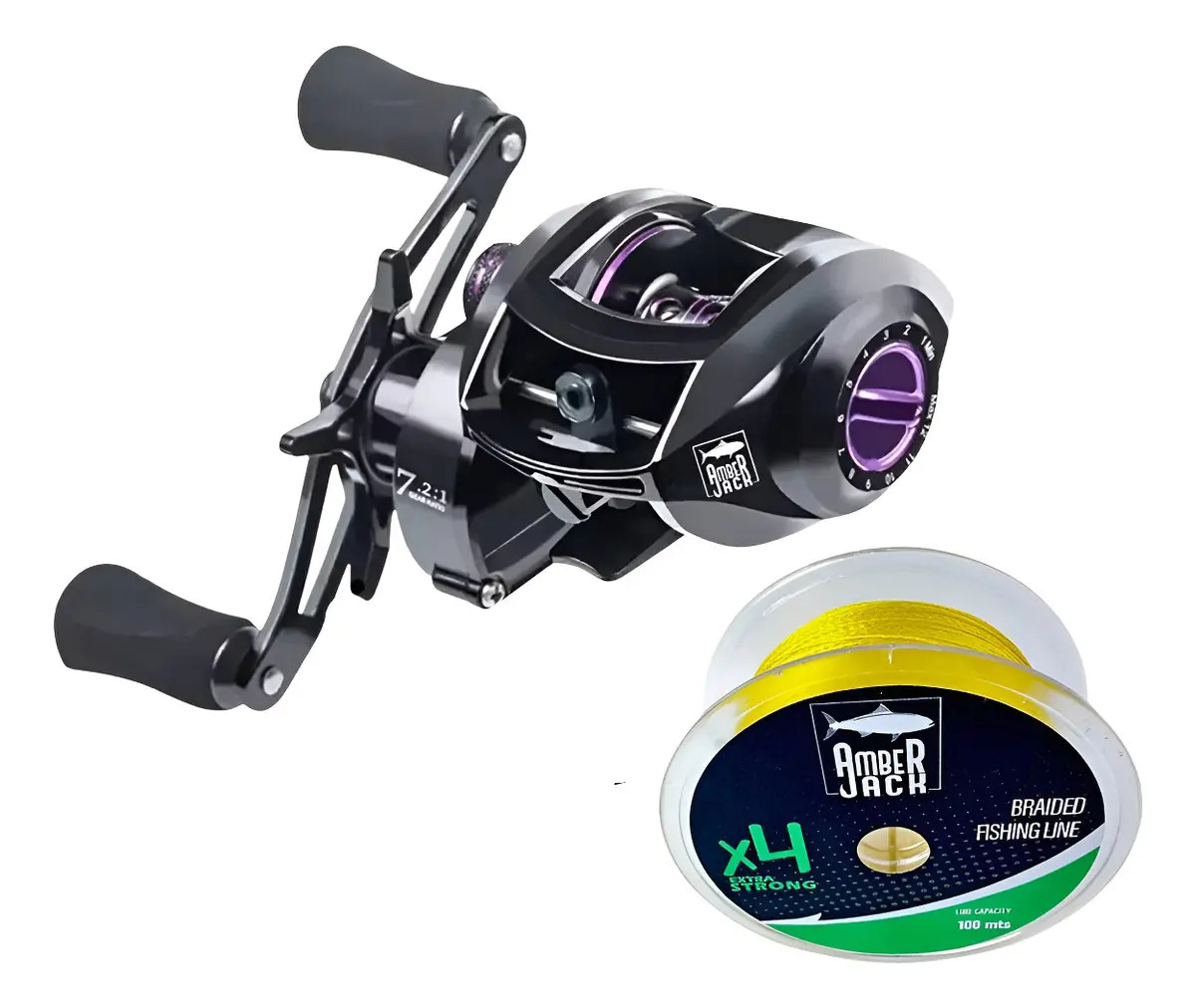 Reel Rotativo Baitcast Amberjack 18 Rul 8kg + Multi Color Negro Y Violeta Lado De La Manija Derecho