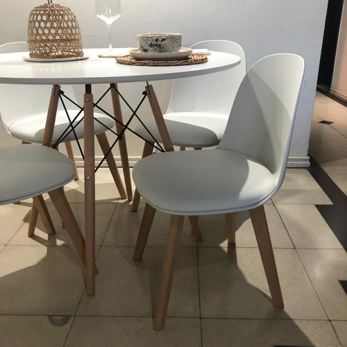 Juego Comedor Mesa Redonda Eames 100cm + 4 Sillas Oslo Tulip Blanco Liso