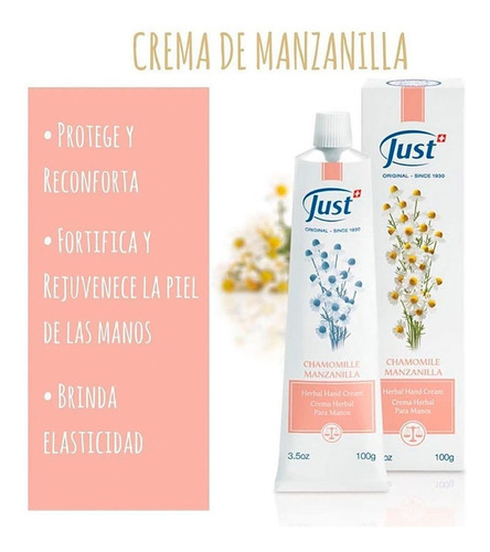 Imagen 4 de 6 de Swiss Just Crema De Manzanilla Para Manos 96g Tamaño Grande