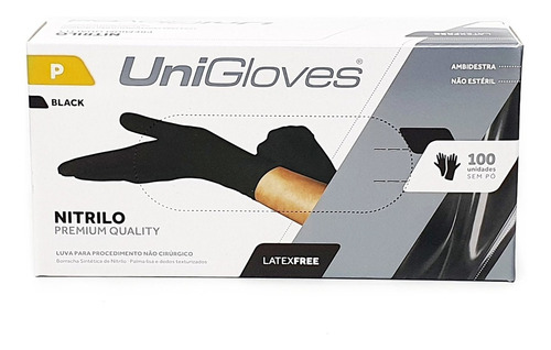 Luvas descartáveis antiderrapantes UniGloves Nitrilica cor preto tamanho  P de nitrilo x 100 unidades 