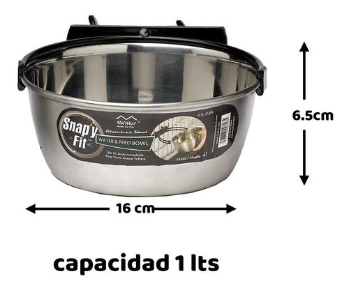 Imagen 2 de 10 de Bowl Midwest 1lts Acero Inox. Para Agua/alimento Snapy Fit