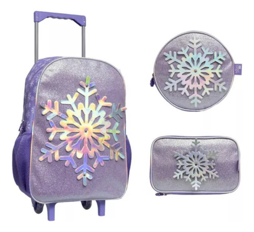 Mochila Infantil Com Rodinha Snowy Estojo E Lancheira Cor Lilás Desenho Do Tecido Lisa Gliter