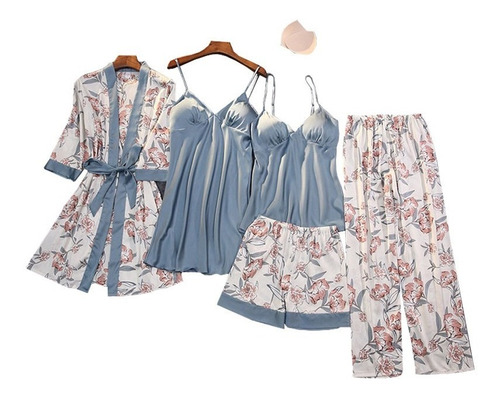 Set De Pijama Dama Sexi Ropa De Dormir Bata De Seda 4 Piezas