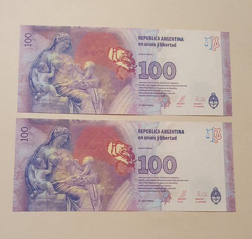 Lote De 2 Billetes De 100 Pesos Evita Serie U Sin Circular