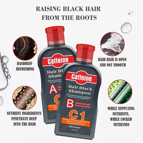 Imagen 2 de 6 de Shampoo Colorante Negro Tiñe Canas Barba 5 Minutos Caffeine