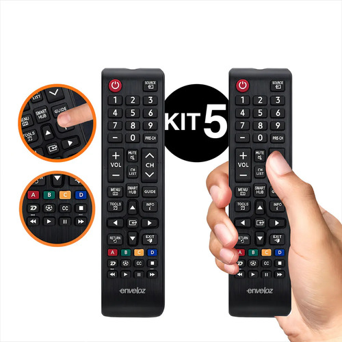 Kit 5 Controles Remotos Universais Enveloz TV Samsung Smart 4K OLED LED LCD