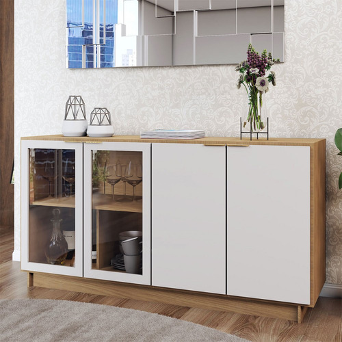 Balcão Buffet Spazio 4 Portas Com Vidro Freijó/off White - Cor Bege