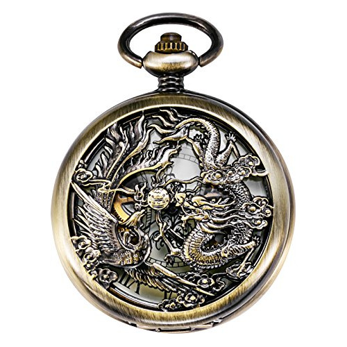 Mechanical Skeleton Pocket Watch Bronze Lucky Dragon + ...