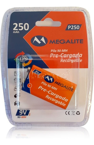 Bateria Recargable 9 Volt 250 Mah Megalite Garantia !!