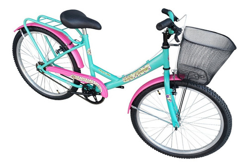 Bicicleta playera femenina Danger Paseo Lady Flowers R24 1v frenos v-brakes color verde mate/rosa con pie de apoyo  