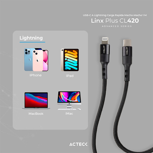 Cable Acteck Linx Plus Cl420 Usb C A Lightning 1m Negro Ac-934862