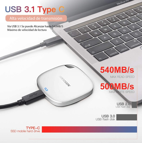 Imagen 2 de 9 de Disco Externo Solido Hikvision 480gb T100 Usb-c Blanco