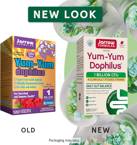 Jarrow Formulas, Yum-yum Dophilus Sin Azúcar, Proporciona 4 Cepas Clínicamente Documentadas , Para La Salud Intestinal E Inmunitaria, 1 Billón Por Porción, 60 Tabletas Masticables