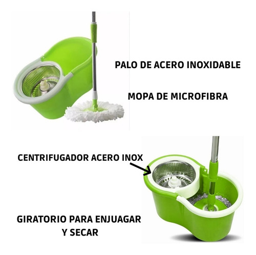 Trapeador De Piso Giratorio Automatico Centrifugador Escurridor De Acero Con 2 Mopas Secador Lampazo 360 Balde