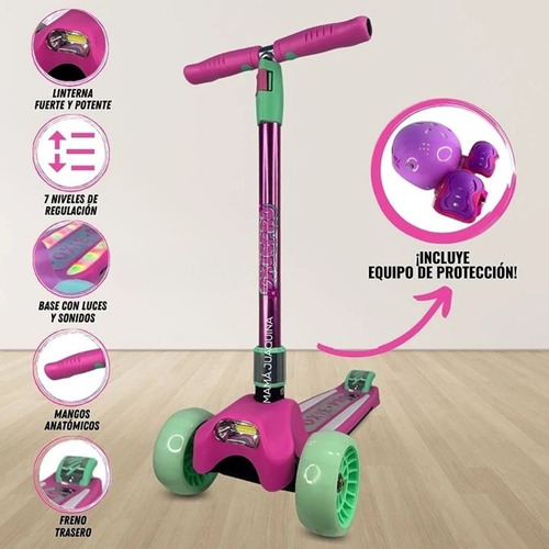 Scooter Para Niñas Musical Luces Casco Rodilleras Y Coderas