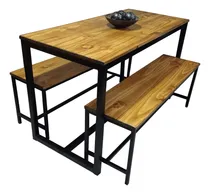 Comprar Mesa Industrial 130x60 Con 2 Bancos Largos Hierro Y Madera 