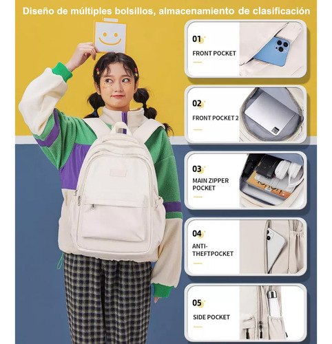Mochila De Gran Capacidad Moda Impermeable Mochila Escolar Viaje Bolsa Con Compartimento Para Laptop 24l Color Blanco Con Pegatinas De Dibujos Animado