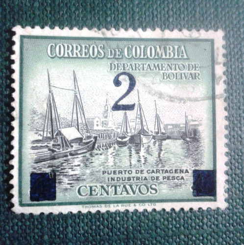 Estampilla Colombia Puerto De Cartagena Pesca Overprinted