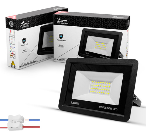 Kit 2 Refletor Lumi Led 100w Holofote Bivolt Prova Dágua Ip66 Cor Da Carcaça Preto Cor Da Luz Branco-frio 110v/220v