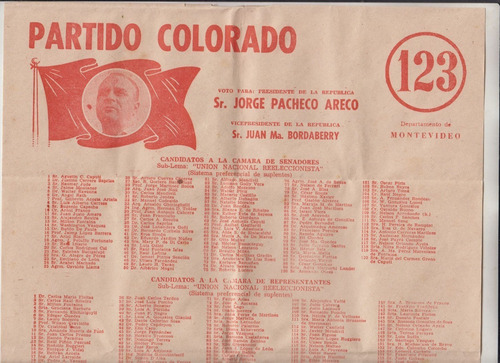 Elecciones 1971 Lista 123 Partido Colorado Con Pacheco Areco