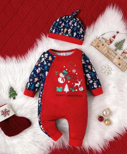 Mono Con Gorrito Estampado De Navidad Talla 6 A 9 Meses Body