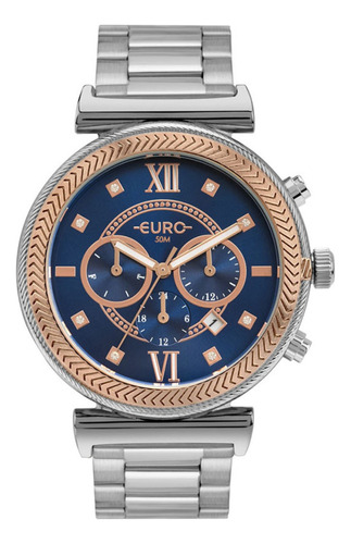 Relogio Feminino Grande Com Calendario Euro Prova Dágua Correia Prateado Bisel Rosé Fundo Azul