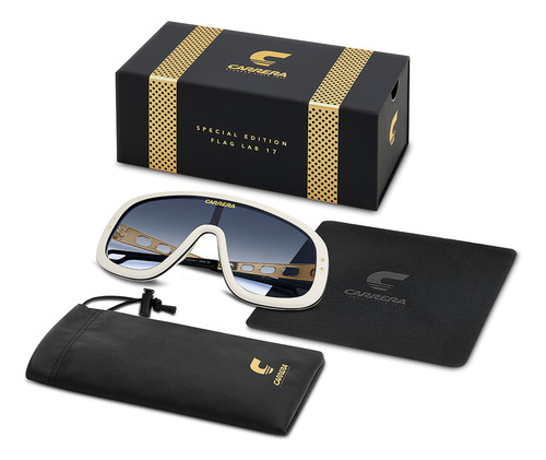 Óculos De Sol Carrera Flaglab 17 White Black Blue Gradient Armação Branco Haste Dourado Lente Azul-claro Desenho Liso