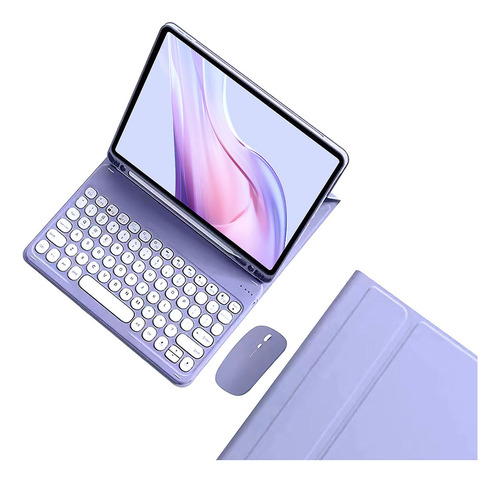 Capinha Para iPad 6 + Teclado Redondo + Mouse (a1893 A1954) Cor Cinza Lavanda + Teclado Redondo + Mouse