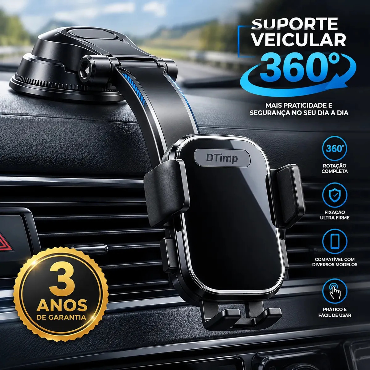 Suporte Celular Veicular 360° Para Celular Automotivo Carro Painel Mesa Retrovisor Painel Parede Volkswagen Gol, Up, Polo Toyota Corolla Dtimp
