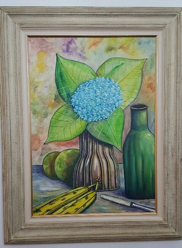 Quadro Pintura A Oleo Vaso De Flores Frutas Moldura Larga