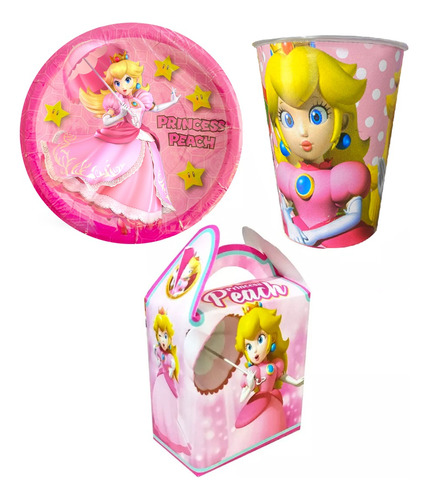 Princesa Peach Fiesta 20 Platos + 20 Vasos + 20 Cajas Mario