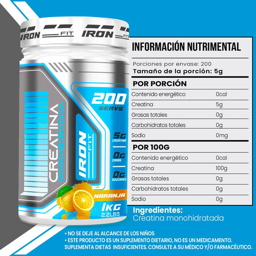 Creatina Monohidratada Iron Fit 1kg Sabores 200 Servicios Naranja