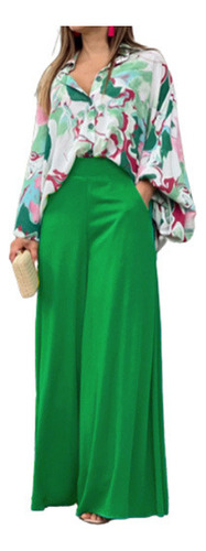 Conjunto Camisa Con Estampado Suelto Y Pantalón Ancho