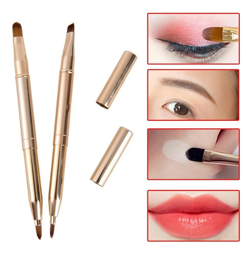 2 Pz Brochas 2 En 1 Maquillaje Con Tapa Portátil Doradas