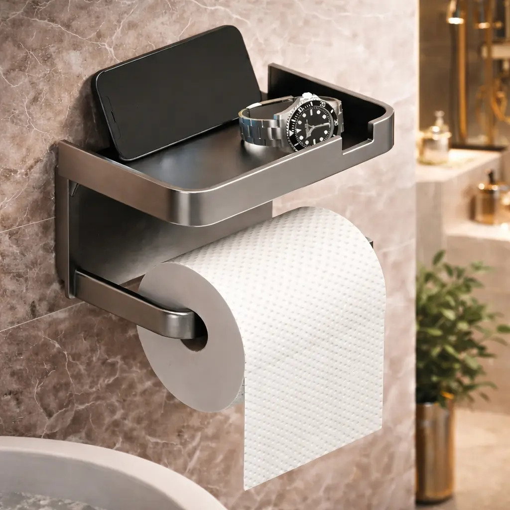 Prateleira porta celular e papel higiênico sem furo!