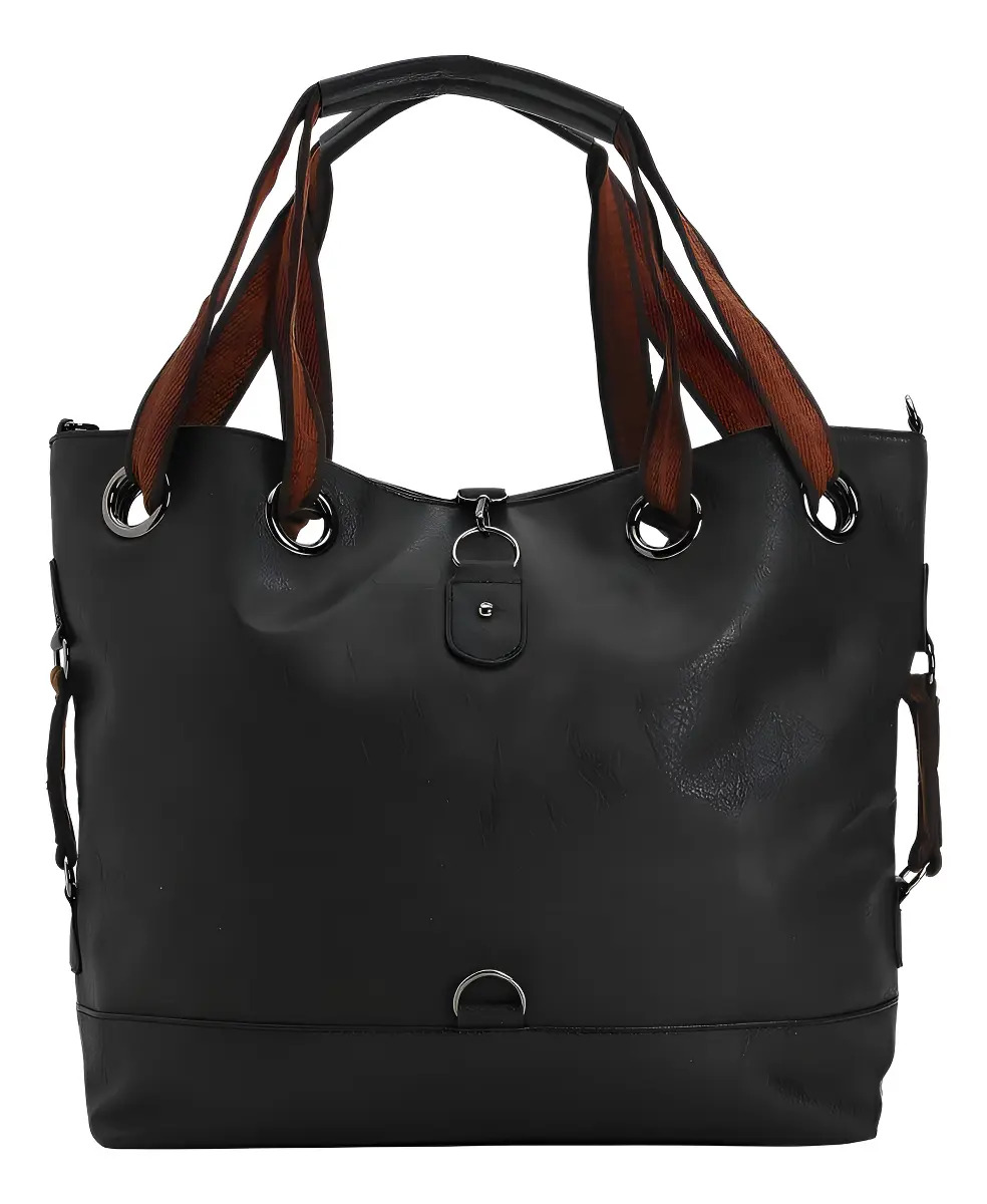 Bolsa Feminina Sacola Grande Com Alça Transversal Acambamento Dos Ferragens Níquel Cor Preto Correia De Ombro Marrom-claro Desenho Do Tecido Liso