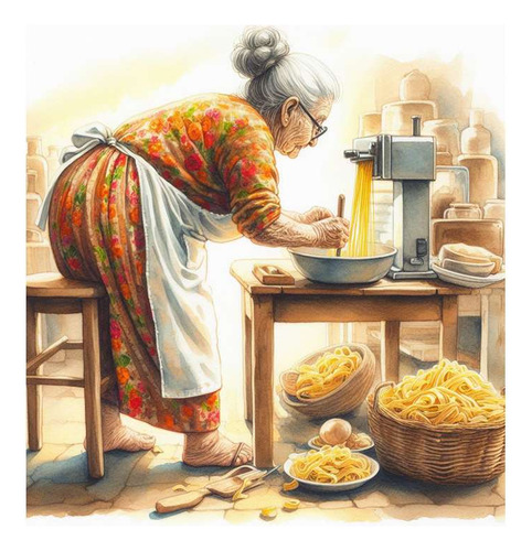 Vinilo 45x45cm Abuela Cocinando Pastas Delantal Maquina