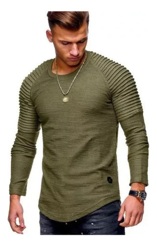 Camiseta Plisada  Manga Larga Con Cuello Redondo Para Hombre