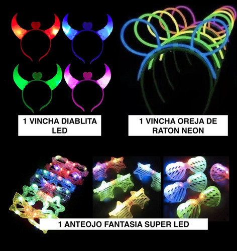 Imagen 5 de 9 de Combo Cotillon Luminoso Led Neon 100 Personas+ Labial Fluo F