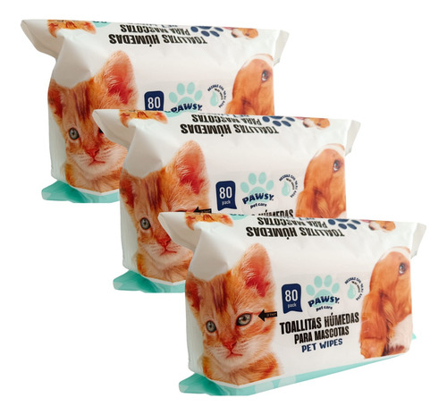 3 Pack 80 Toallitas Humedas Limpiadoras Pawsy Perros Gatos