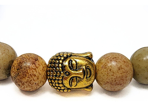 Pulsera De Hombre Jaspe Madera + Dije Buda Oro Antiguo