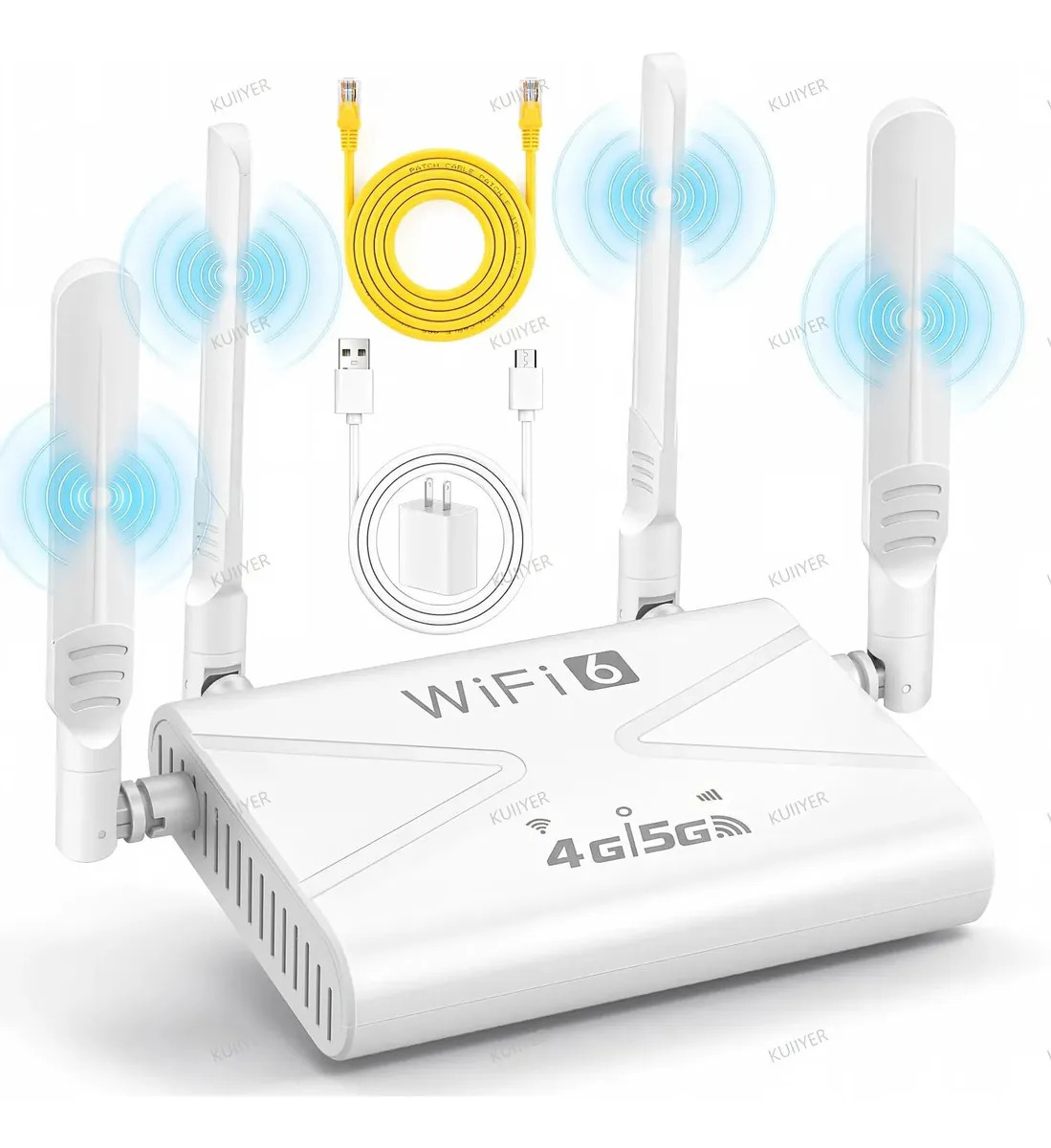Módem Portátil 4G/5G LTE KUIIYER Hotspot Mifi para Casa Renta Viajes y Oficina, Router WiFi con SIM y LAN/WAN 4 Antenas Funciona con Power Bank Plug & Play